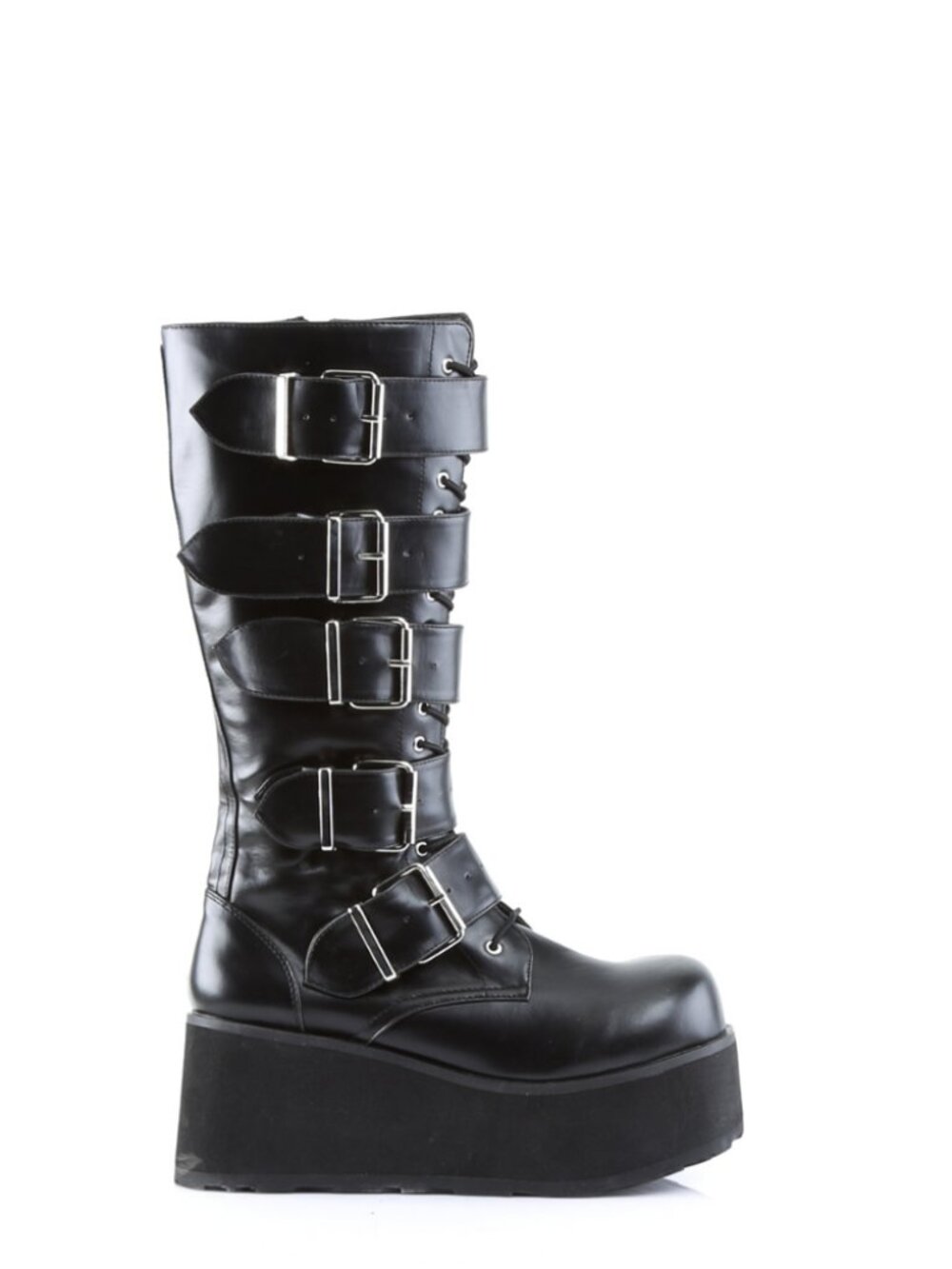 Black Vegan Leather Lace-Up Knee High Boots with Buckle Straps